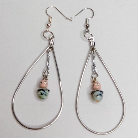 Handmade Jewelry - Handmade Hoop Dangle Earrings Pink Blue Silver Boho